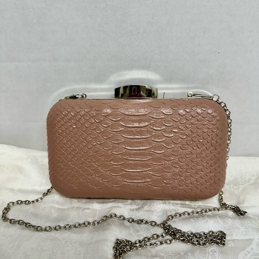 Faye London Taupe Croc Embossed Clutch Purse Silver Kiss Lock Chain Shoulder Bag
